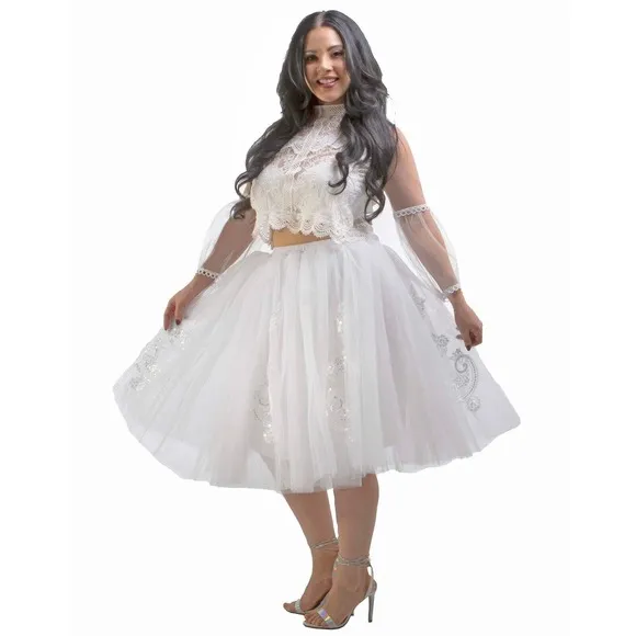 Bridal Tulle Skirt with Lace Appliques White Knee Length Womens One Size OS -08