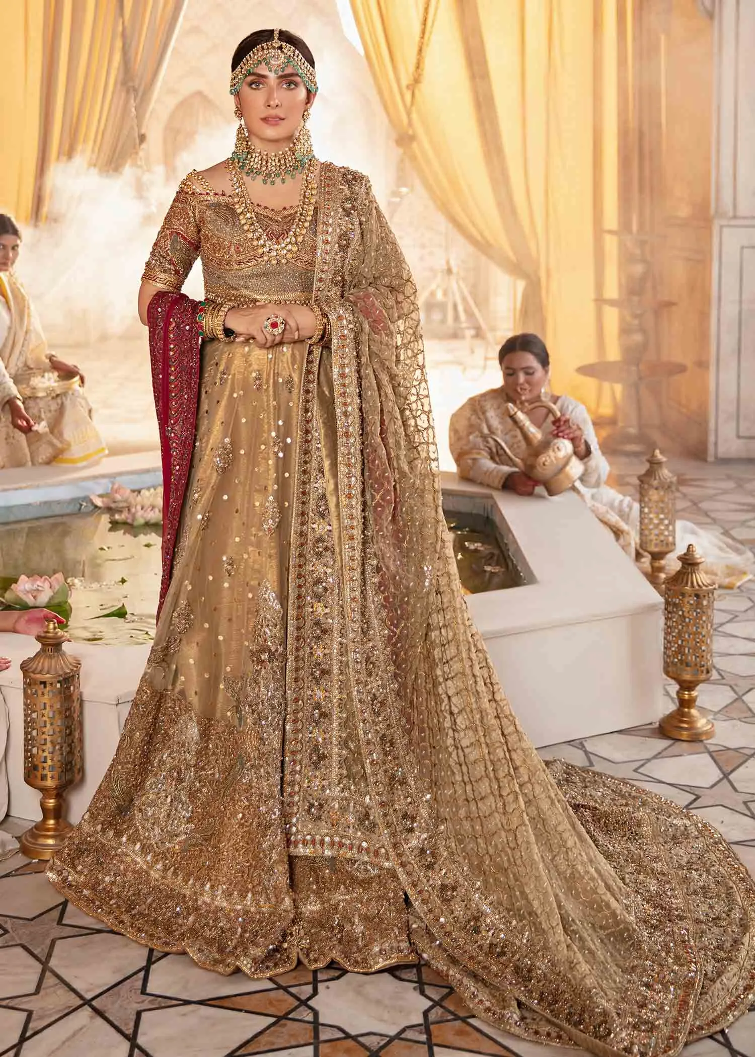 Bridal Wedding Dress in  Gold Choli Dupatta and Long Tail Lehenga Style