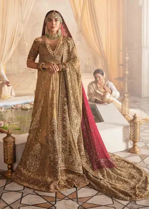 Bridal Wedding Dress in  Gold Choli Dupatta and Long Tail Lehenga Style