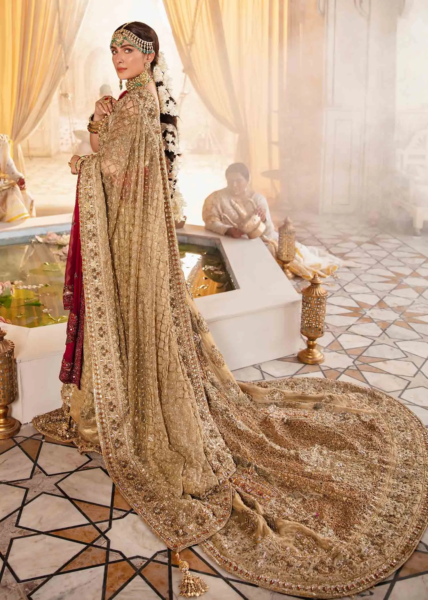 Bridal Wedding Dress in  Gold Choli Dupatta and Long Tail Lehenga Style