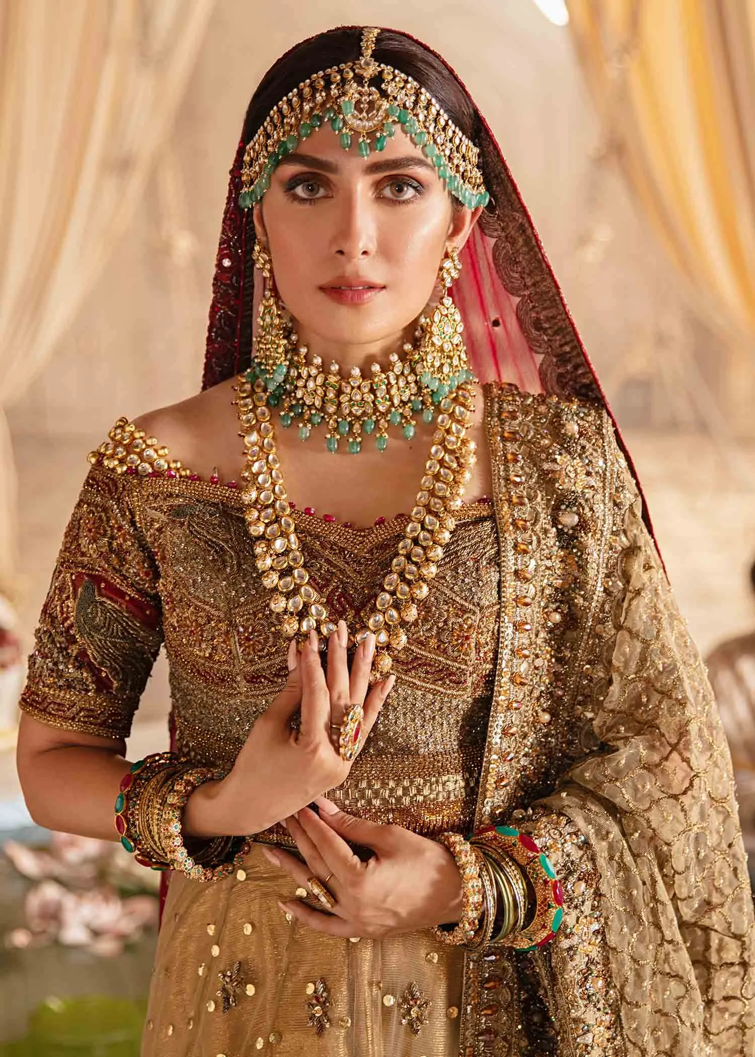 Bridal Wedding Dress in  Gold Choli Dupatta and Long Tail Lehenga Style