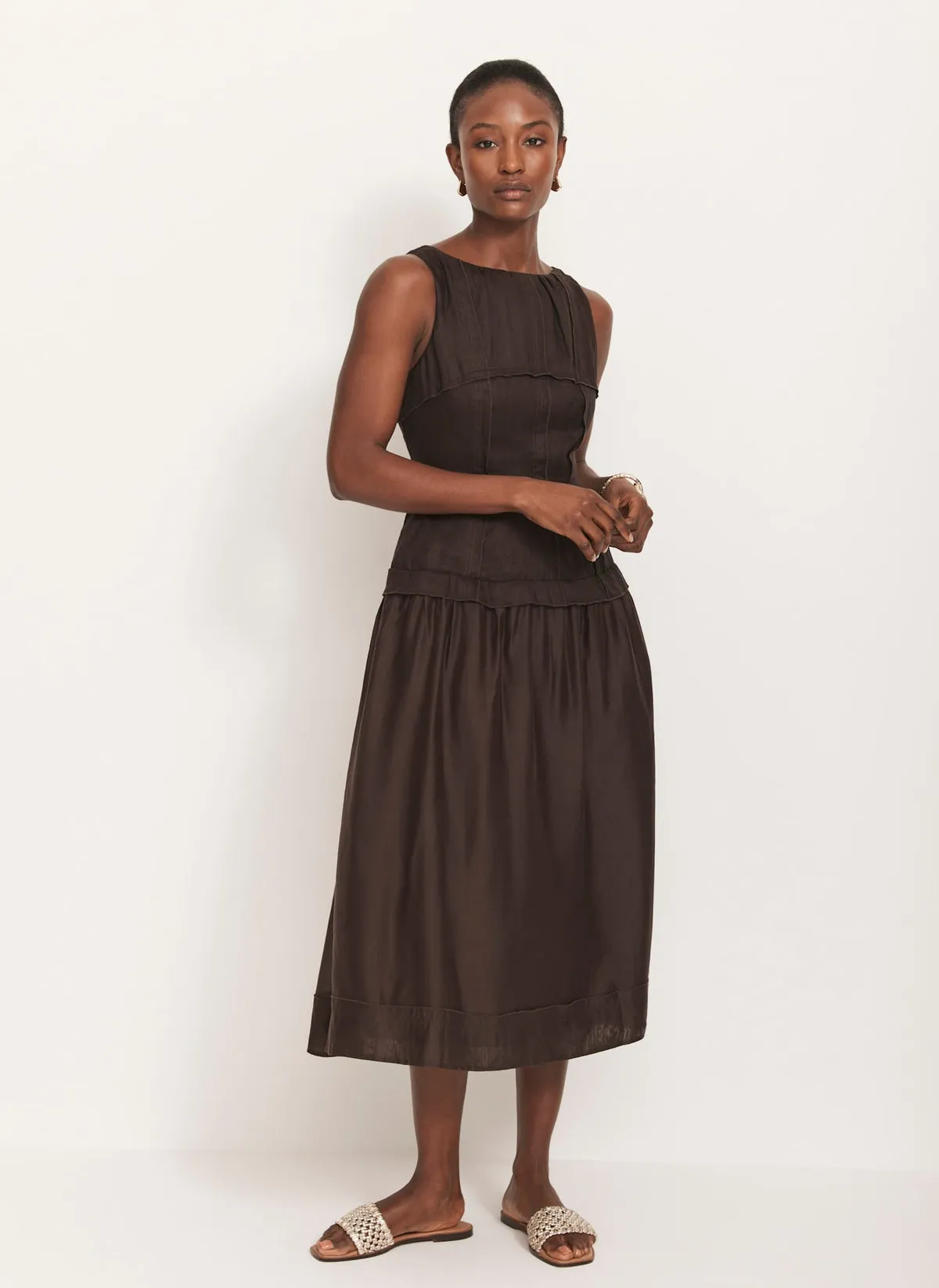 Brown Drop Waist Midi Dress