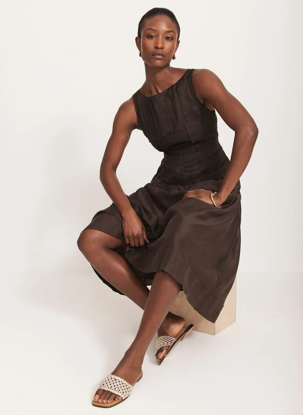 Brown Drop Waist Midi Dress