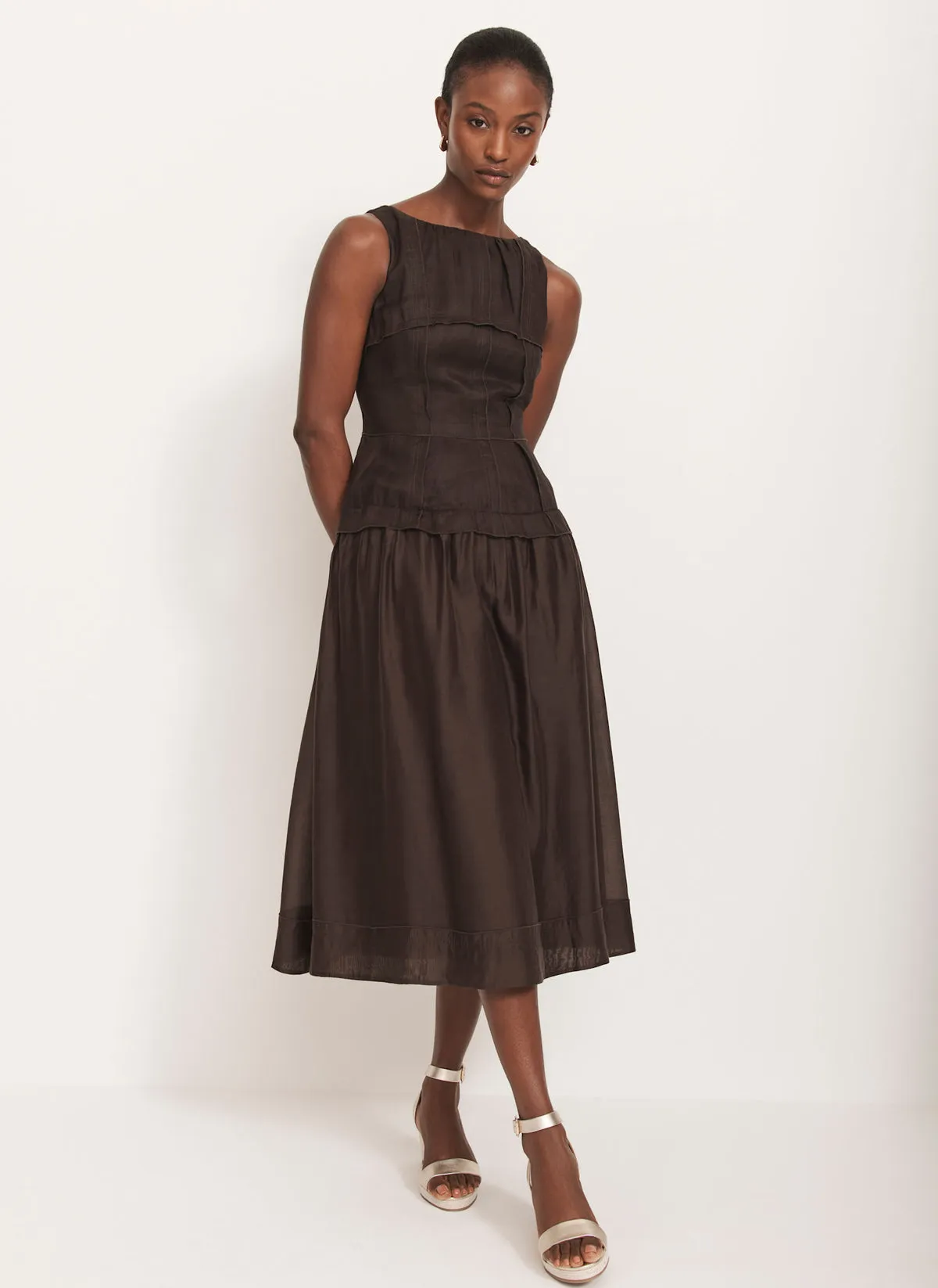 Brown Drop Waist Midi Dress