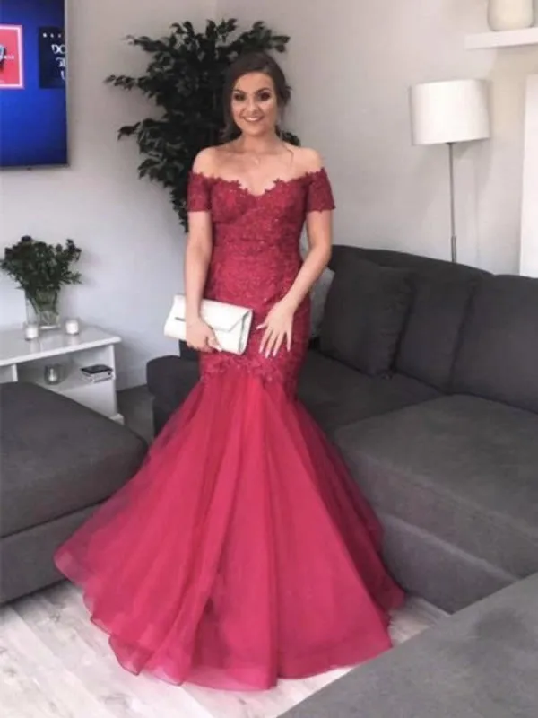 Burgundy Off Shoulder Mermaid Lace Tulle Long Prom, Burgundy Mermaid Formal, Ball Gown, Evening