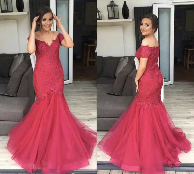 Burgundy Off Shoulder Mermaid Lace Tulle Long Prom, Burgundy Mermaid Formal, Ball Gown, Evening