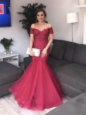 Burgundy Off Shoulder Mermaid Lace Tulle Long Prom, Burgundy Mermaid Formal, Ball Gown, Evening