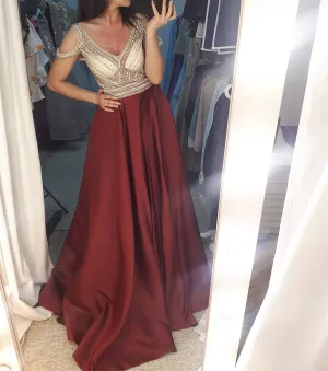 Burgundy prom dresses off the shoulder beaded satin elegant cheap prom gowns 2021 vestido de longo