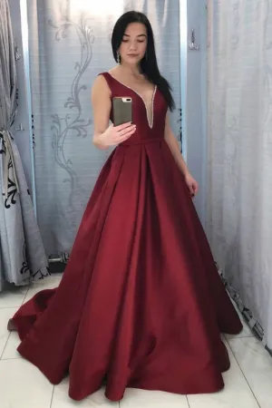 Burgundy Satin Prom Long Dresses with Deep V-neckline