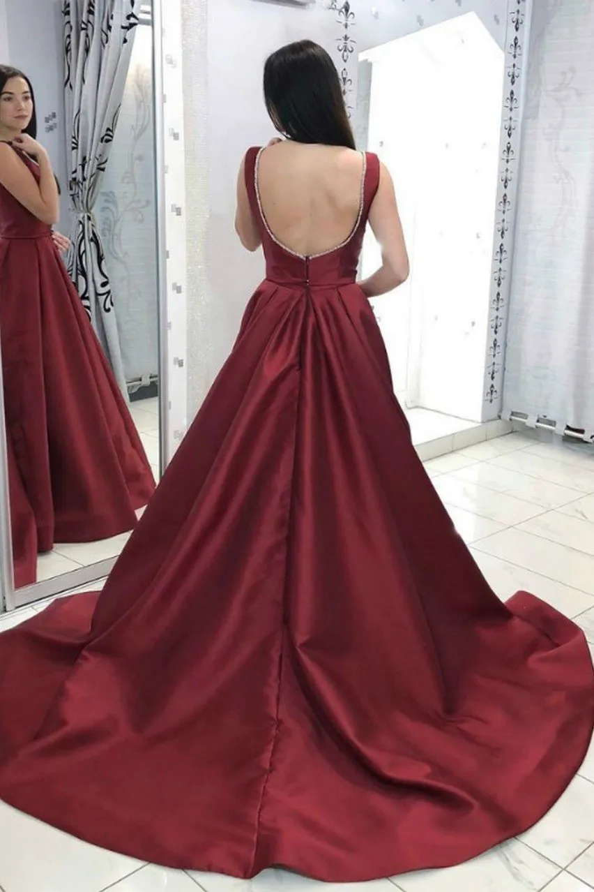 Burgundy Satin Prom Long Dresses with Deep V-neckline