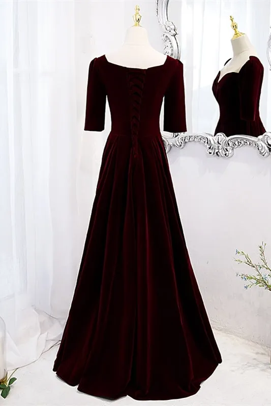 Burgundy Velvet A-line Long Formal Dress with Short Sleeves