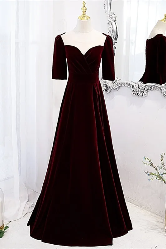 Burgundy Velvet A-line Long Formal Dress with Short Sleeves