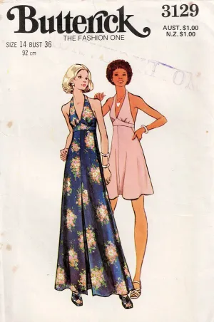 Butterick 3129 Womens Midriff Band Mini or Maxi Halter Dress 1970s Vintage Sewing Pattern Size 14 Bust 36 Inches