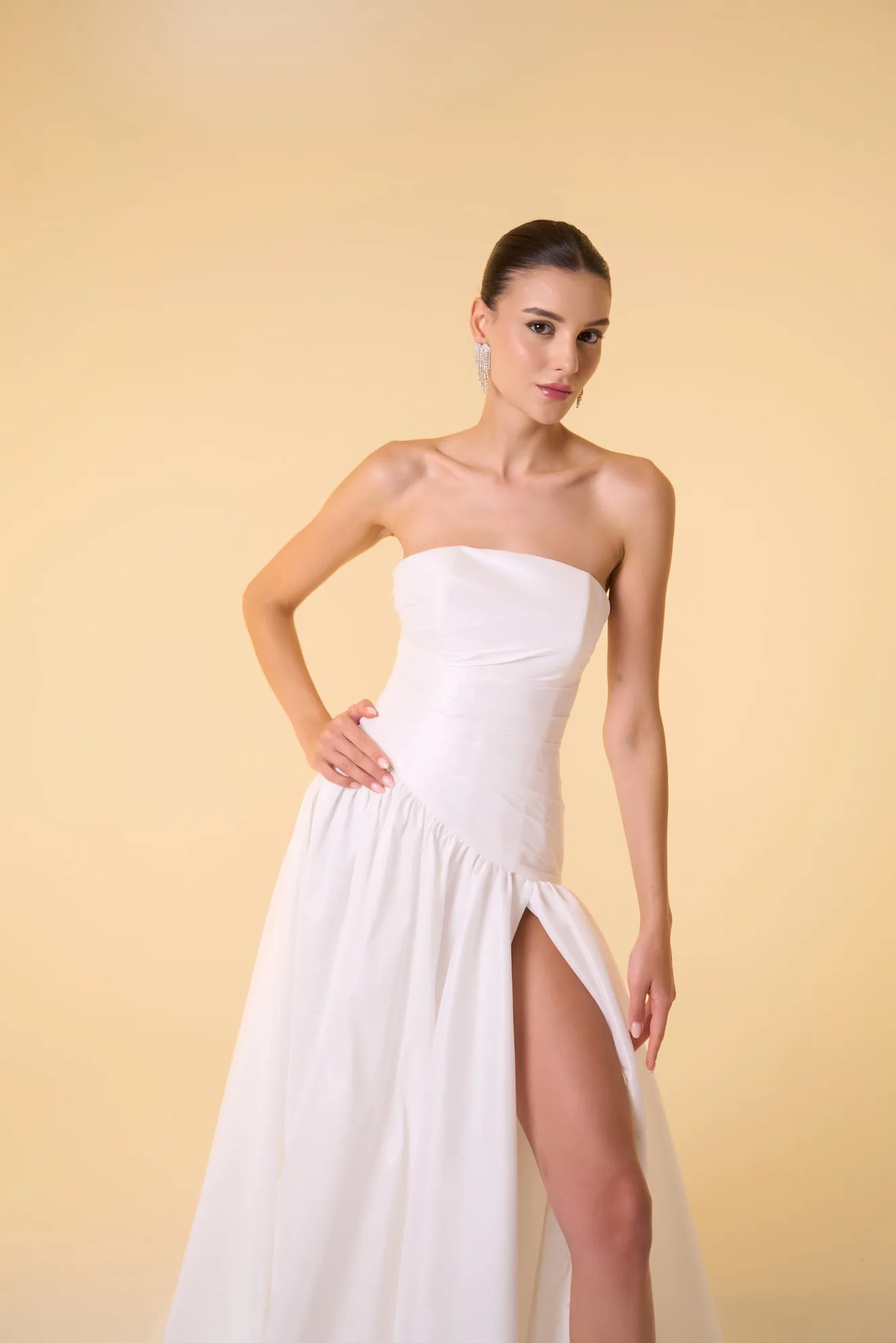Calla asymmetrical dropped waist gown