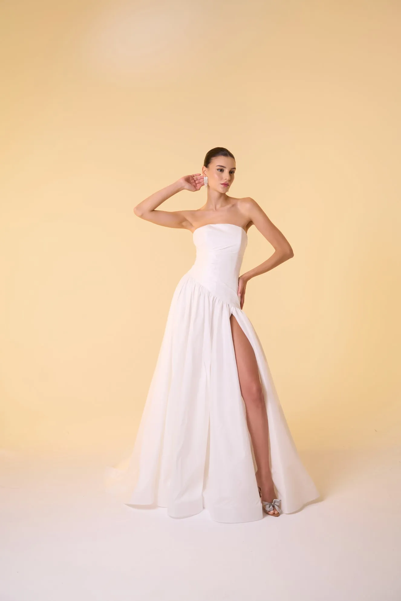 Calla asymmetrical dropped waist gown