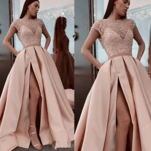 cap sleeve champagne prom dresses long beaded lace appliqué elegant satin prom gown with pockets robe de soiree