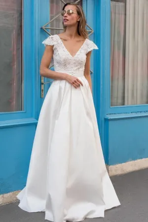 Capped Sleeves Satin Wedding Dress with Floral Lace Bodice