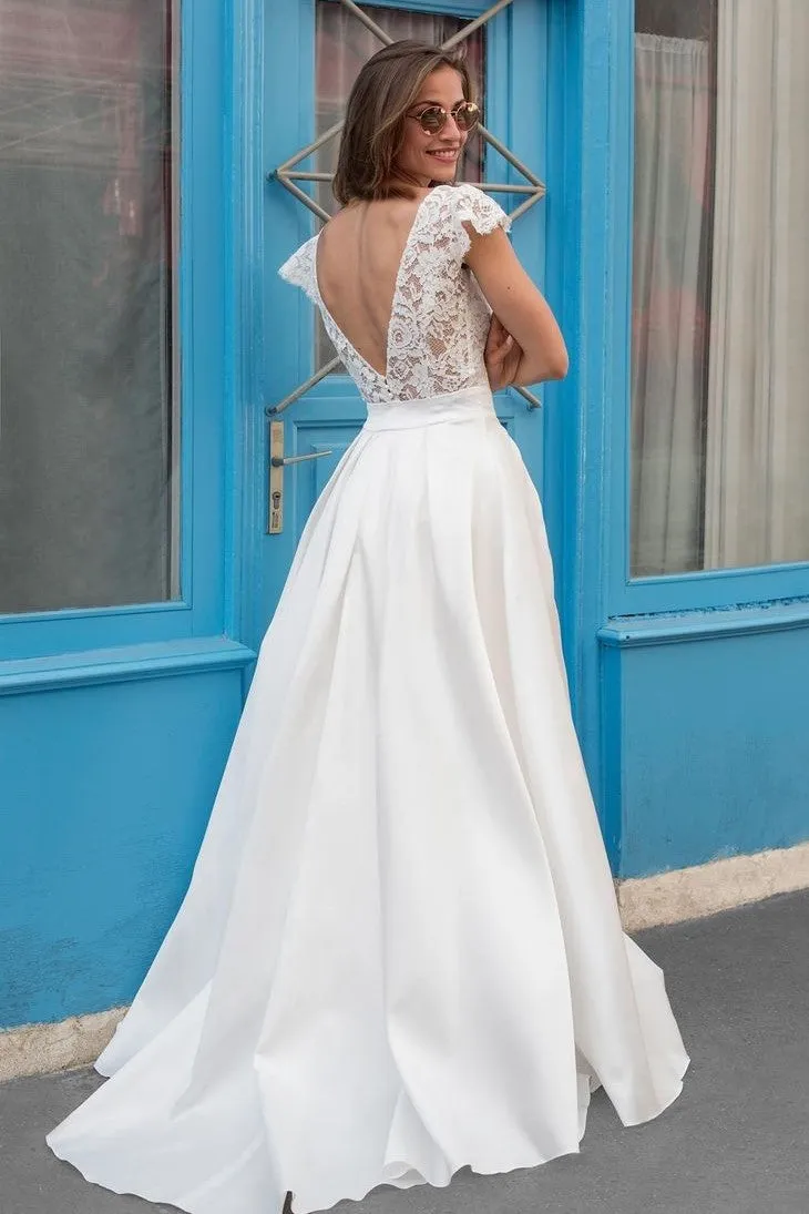 Capped Sleeves Satin Wedding Dress with Floral Lace Bodice