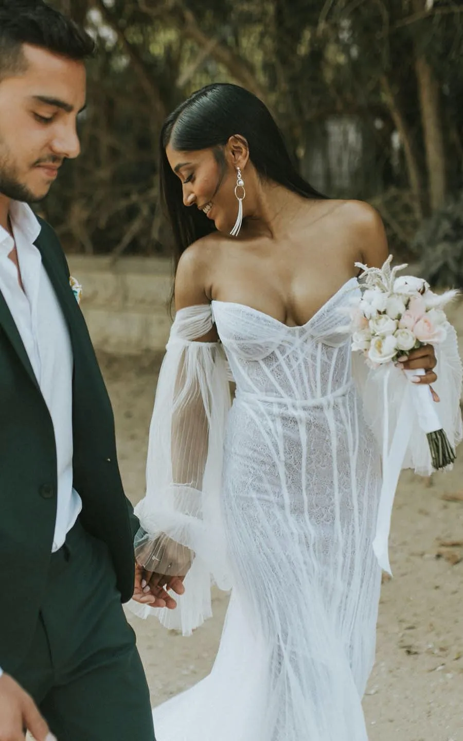 Casual Mermaid Off-the-shoulder Sleeves V-neck Organza Wedding Dress With Open Back-716634