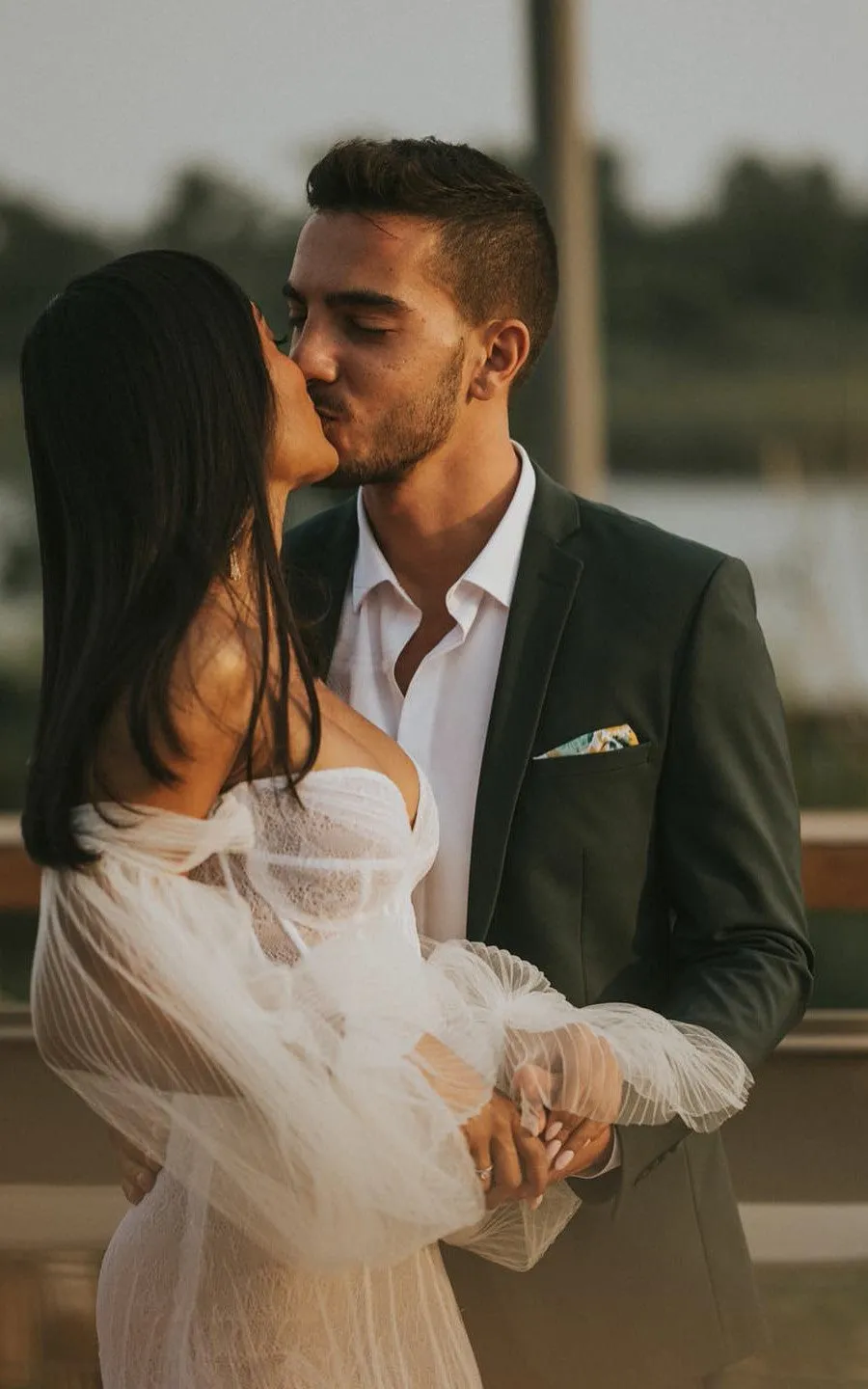 Casual Mermaid Off-the-shoulder Sleeves V-neck Organza Wedding Dress With Open Back-716634