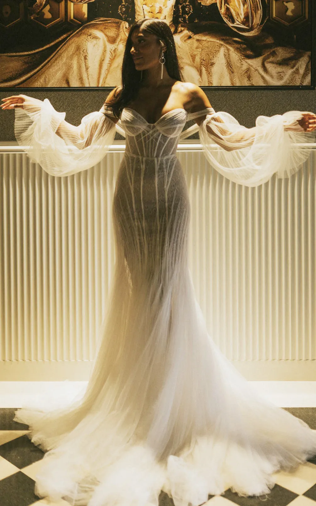 Casual Mermaid Off-the-shoulder Sleeves V-neck Organza Wedding Dress With Open Back-716634