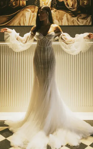 Casual Mermaid Off-the-shoulder Sleeves V-neck Organza Wedding Dress With Open Back-716634
