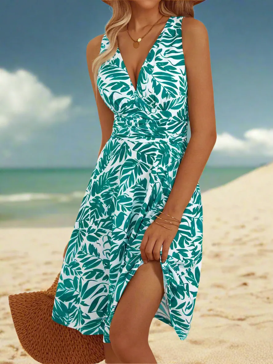 Casual Spring Dresses for Women 2024 - OURIN Floral V Neck Sleeveless Beach Dress with Empire Waist