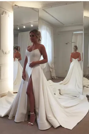 Cathedral Train Satin Bride Dresses Wedding with High Leg Slit