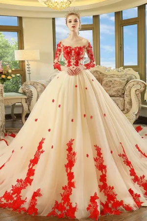 Champagne Long-sleeves Red Appliques Wedding Dresses with Royal Train