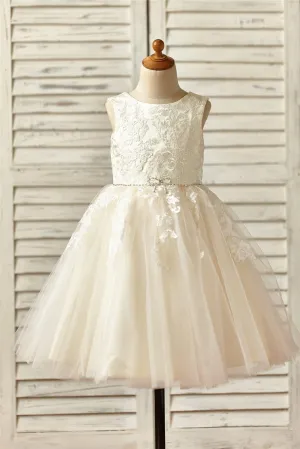 Champagne Satin Tulle Flower Girl Dress, Beaded Sash