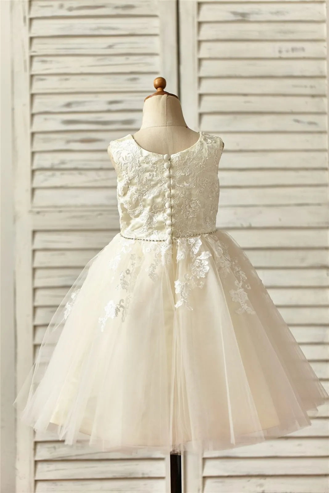 Champagne Satin Tulle Flower Girl Dress, Beaded Sash