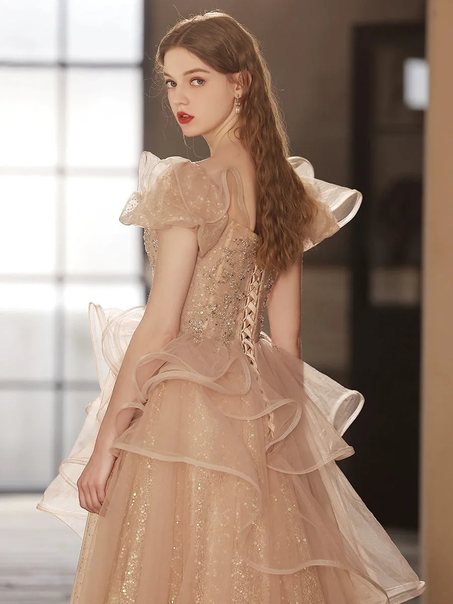 Champagne Tulle Sequin Long Prom Dress, Champagne Tulle Formal Dress
