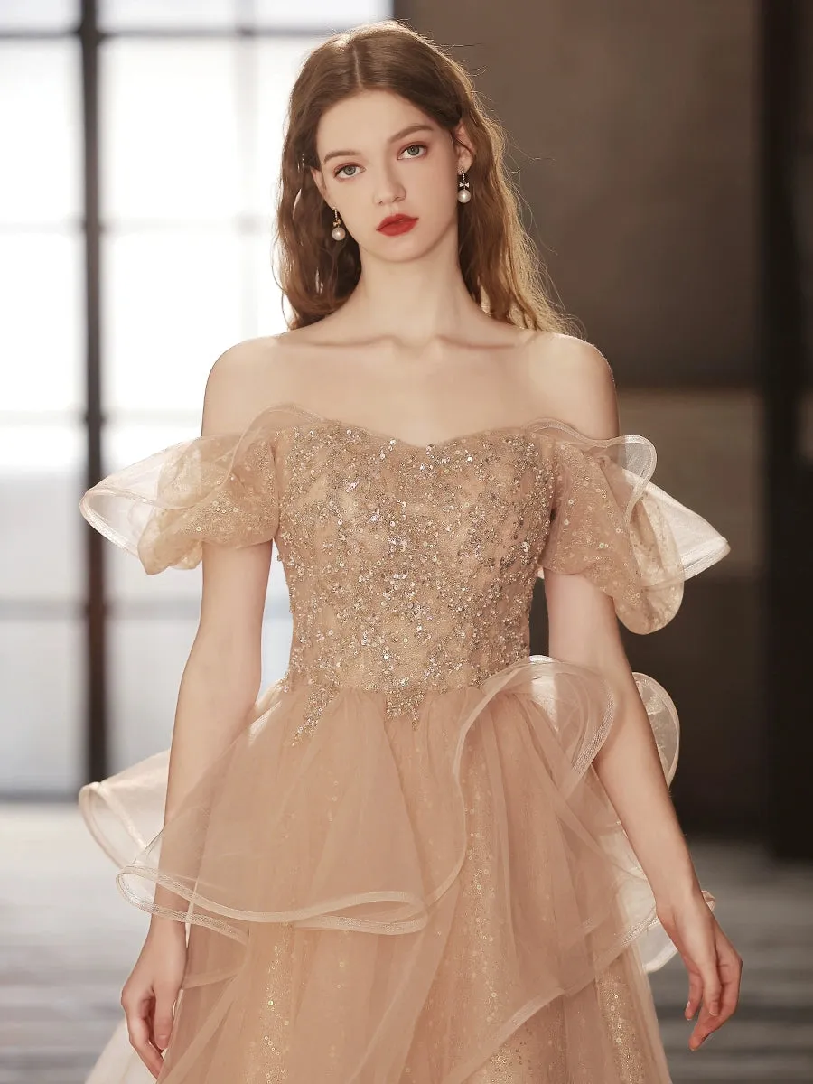Champagne Tulle Sequin Long Prom Dress, Champagne Tulle Formal Dress