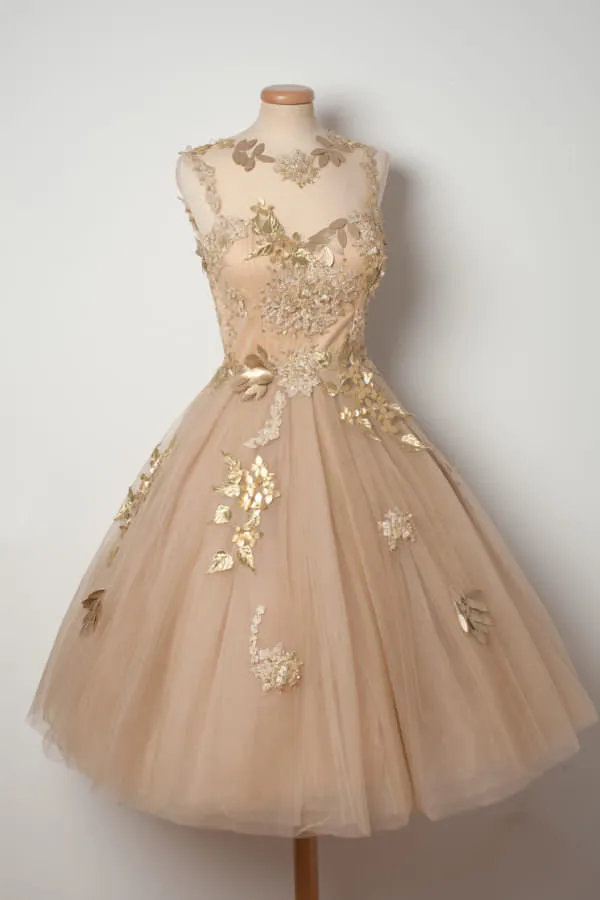 Champange Sleeveless Unique Applique Mini Short Homecoming Dresses, BG51604