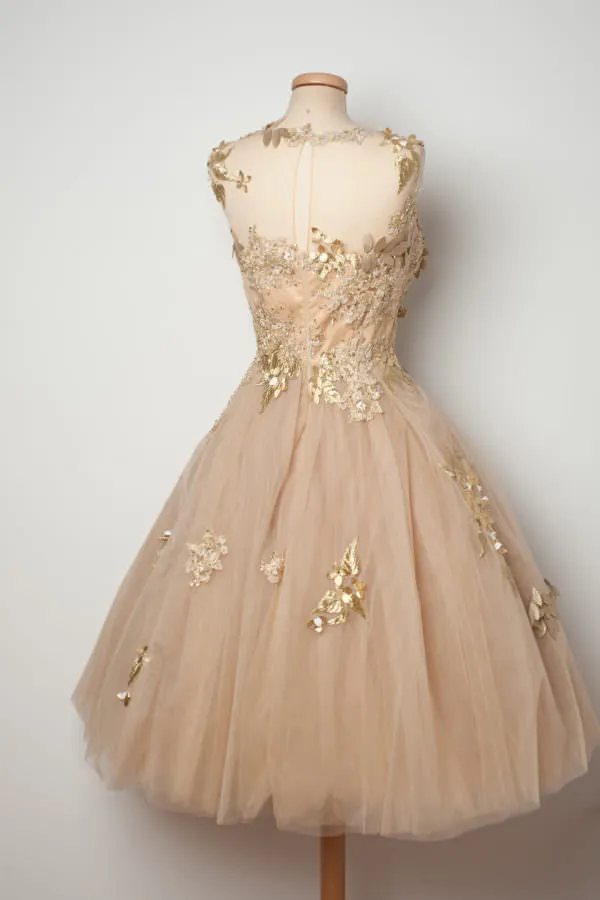 Champange Sleeveless Unique Applique Mini Short Homecoming Dresses, BG51604