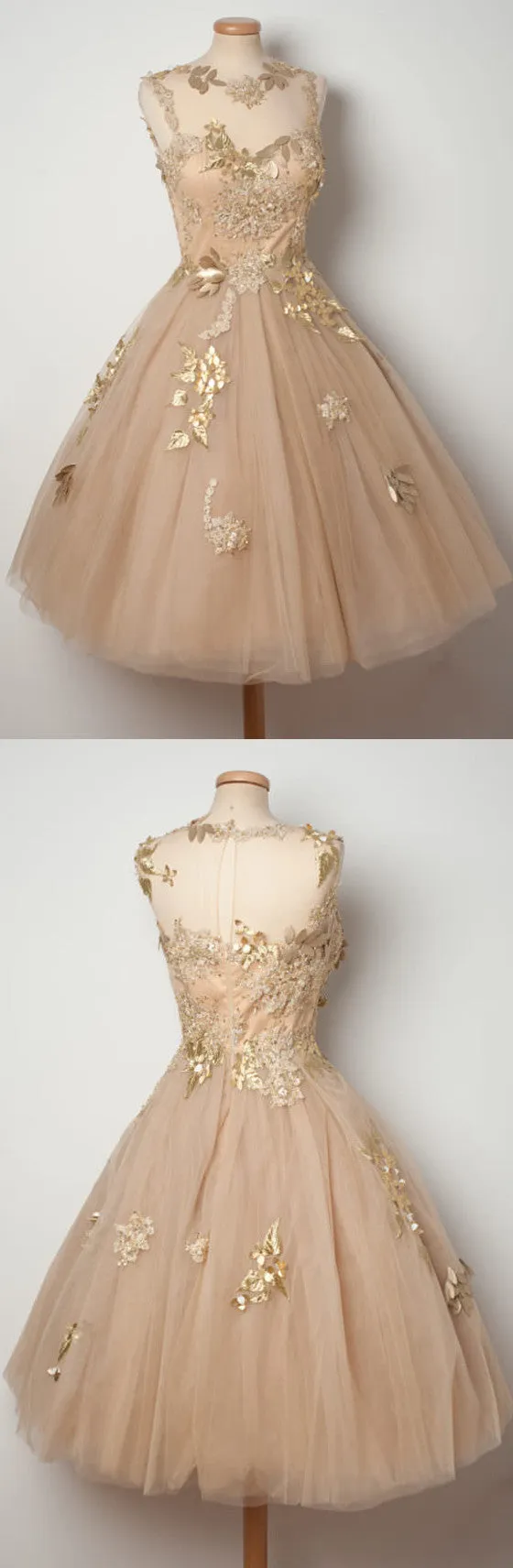Champange Sleeveless Unique Applique Mini Short Homecoming Dresses, BG51604