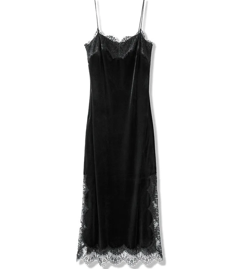 CHANGLA Strap Velvet Lace Dress Women Autumn Winter Dresses Elegant Black Evening Party Long Dresses Womans vestidos