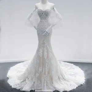 Chapel Train Mermaid Lace Wedding Dress with Sleeves