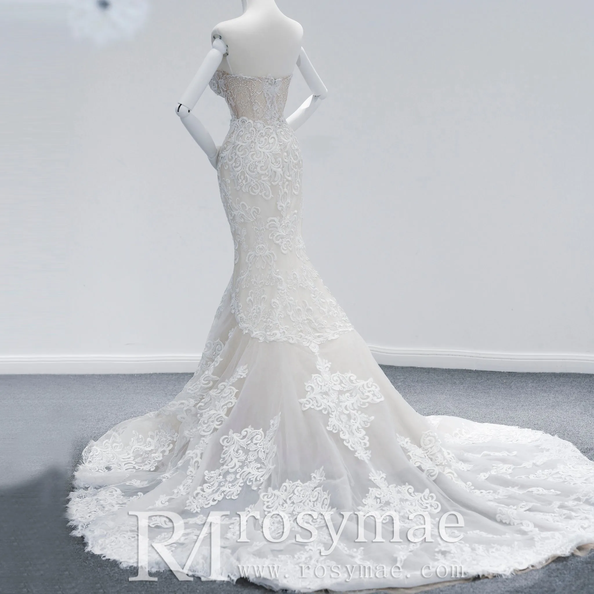 Chapel Train Mermaid Lace Wedding Dress with Sleeves