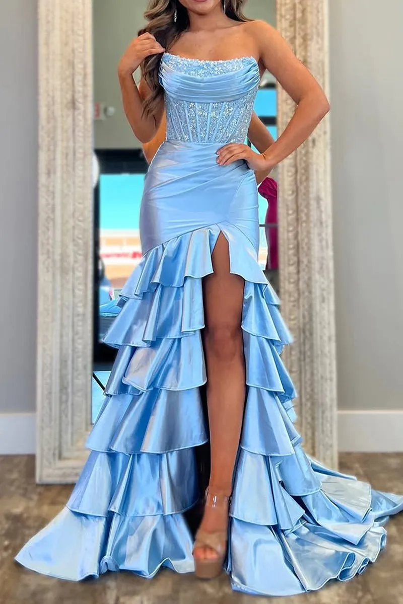 Charming Mermaid Strapless Satin Long Prom Dresses with Appliques