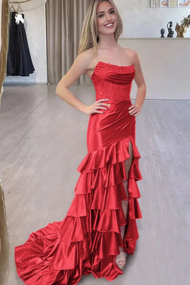 Charming Mermaid Strapless Satin Long Prom Dresses with Appliques