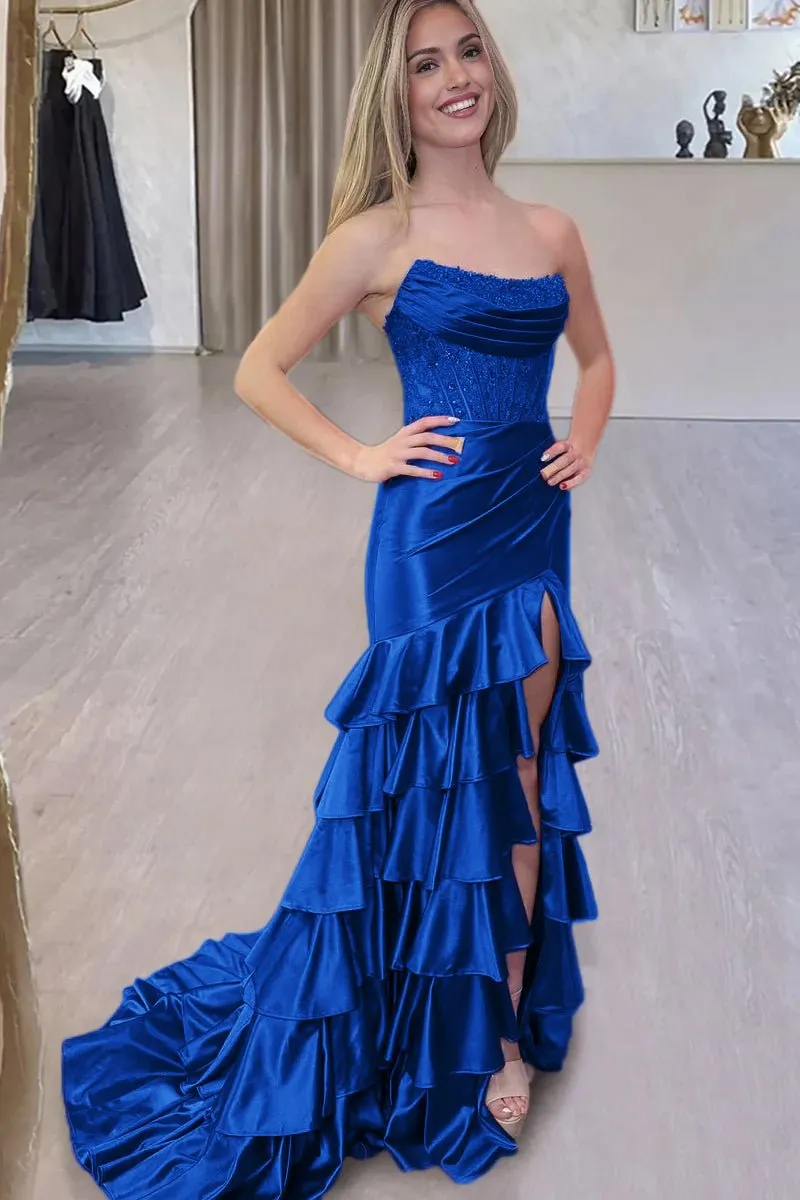 Charming Mermaid Strapless Satin Long Prom Dresses with Appliques