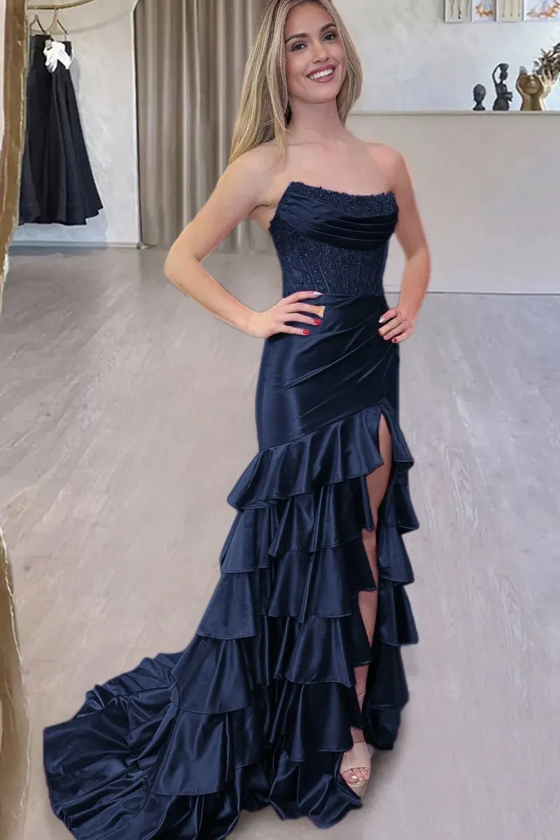 Charming Mermaid Strapless Satin Long Prom Dresses with Appliques