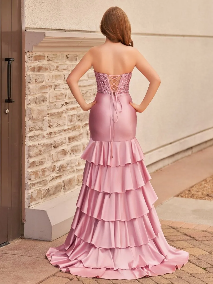 Charming Mermaid Strapless Satin Long Prom Dresses with Appliques