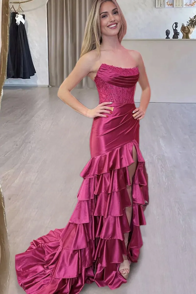 Charming Mermaid Strapless Satin Long Prom Dresses with Appliques