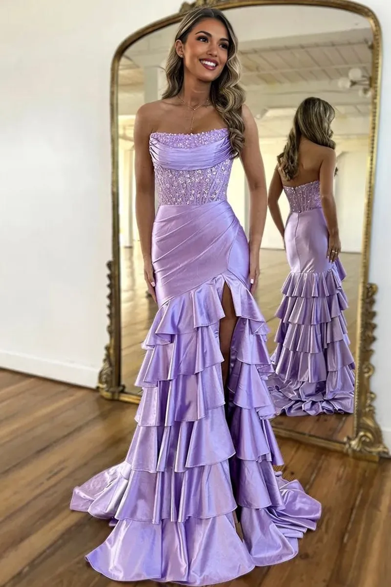 Charming Mermaid Strapless Satin Long Prom Dresses with Appliques