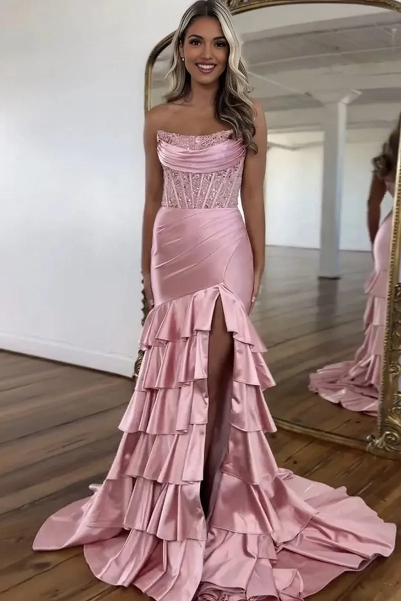 Charming Mermaid Strapless Satin Long Prom Dresses with Appliques