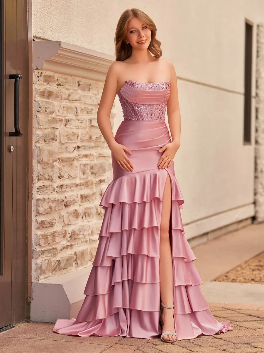 Charming Mermaid Strapless Satin Long Prom Dresses with Appliques
