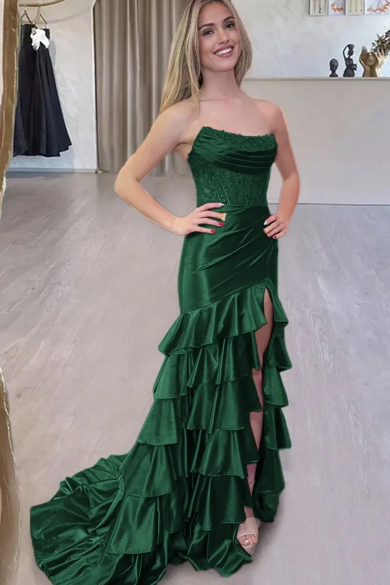 Charming Mermaid Strapless Satin Long Prom Dresses with Appliques