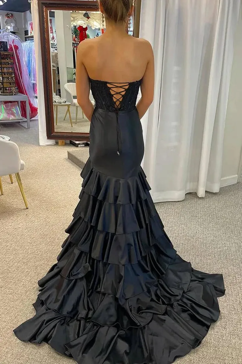 Charming Mermaid Strapless Satin Long Prom Dresses with Appliques